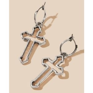 Silver Hollow Cross Hoop Dangle Earrings